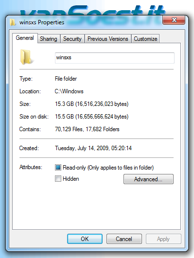 Example:Size of the winsxs folder before cleaning.