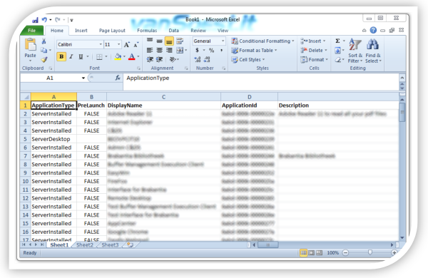 Citrix XenApp application parameters exported and shown in Microsoft Excel.