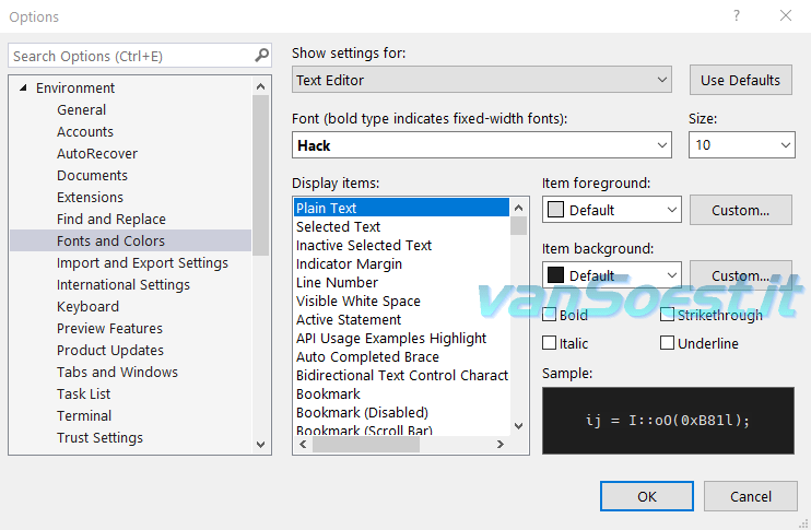 Selecting the Hack TTF font in Visual Studio 2022