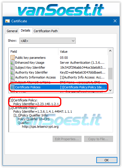 Voorbeeld van een certificaat detail in Internet Explorer