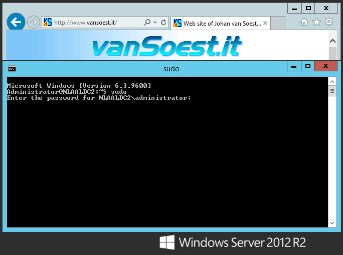 Voorbeeld scherm van het sudo script draaiend op een Windows server 2012 r2.(Klik om te vergroten.)