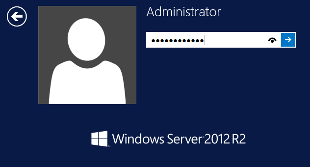 Het Windows Server 2012 R2 login scherm met het wachtwoord onthullend oog icoon.