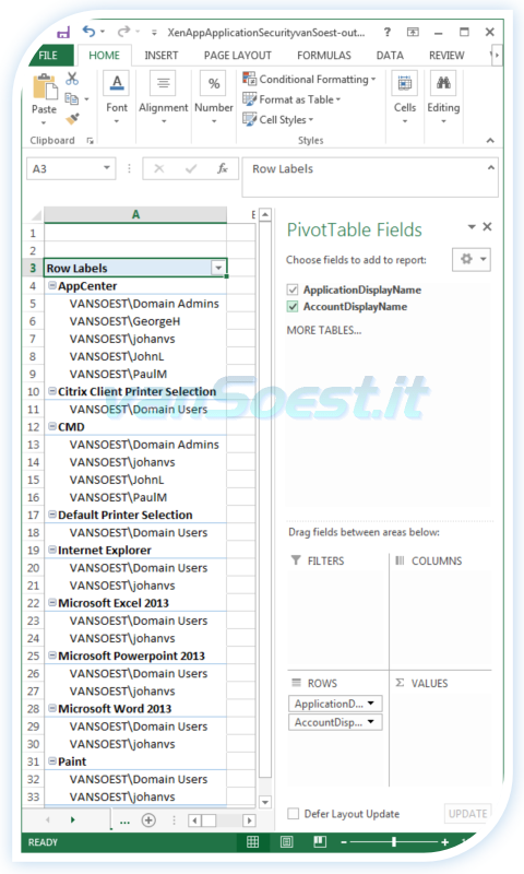 Microsoft Office Excel 2013 PivotTable example.