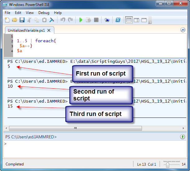 Voorbeeld van een script met een variabele initialisatie probleem (Afbeelding afkomstig van Microsoft Scripting Guys)