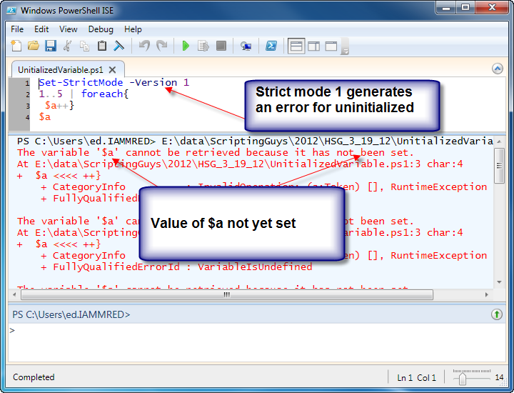 Voorbeeld van een script met een variabele initialisatie probleem met de waarschuwing (Afbeelding afkomstig van Microsoft Scripting Guys)