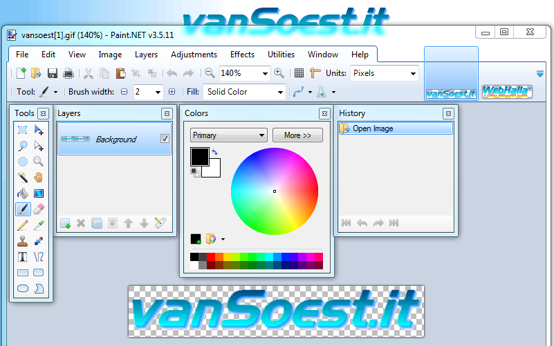 Afbeelding van het programma Paint.net met de Tools-, Lagen-, Kleuren- en Geschiedenisboxen getoond